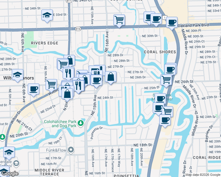 map of restaurants, bars, coffee shops, grocery stores, and more near 1604 Northeast 25th Street in Wilton Manors
