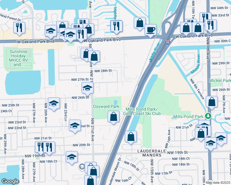 map of restaurants, bars, coffee shops, grocery stores, and more near 2613 Northwest 18th Terrace in Oakland Park