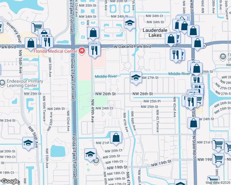 map of restaurants, bars, coffee shops, grocery stores, and more near 2602 Northwest 47th Lane in Lauderdale Lakes