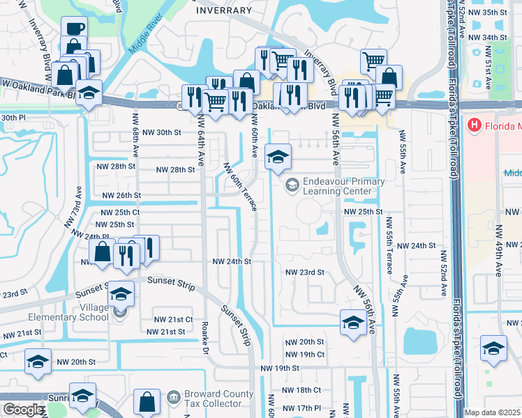 map of restaurants, bars, coffee shops, grocery stores, and more near 5979 Northwest 25th Place in Sunrise