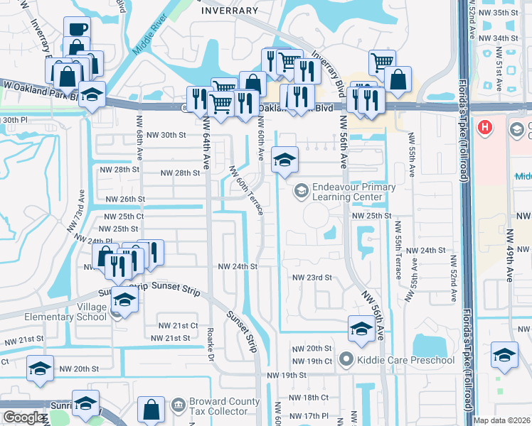 map of restaurants, bars, coffee shops, grocery stores, and more near 5979 Northwest 25th Place in Sunrise