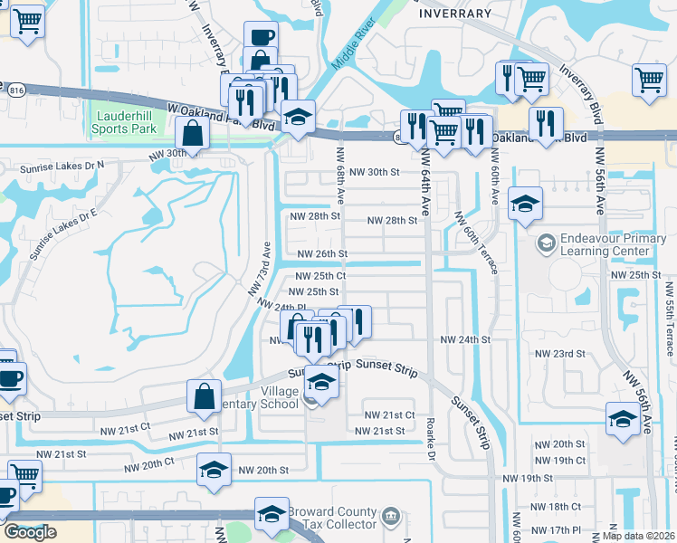 map of restaurants, bars, coffee shops, grocery stores, and more near 6800 Northwest 25th Court in Sunrise
