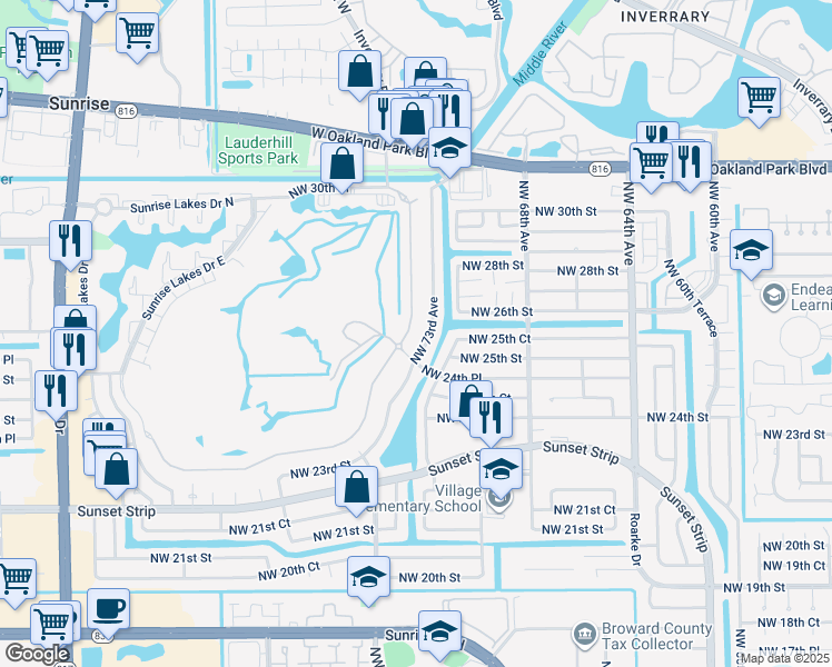 map of restaurants, bars, coffee shops, grocery stores, and more near 2500 East Aragon Boulevard in Sunrise