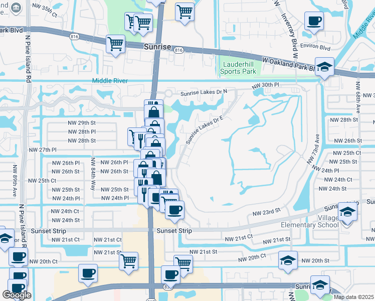 map of restaurants, bars, coffee shops, grocery stores, and more near 8040 Northwest 27th Court in Sunrise