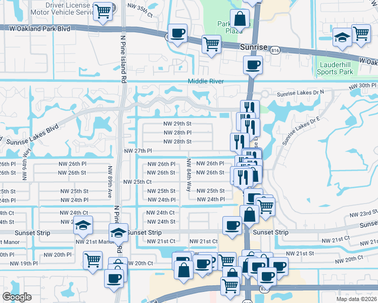 map of restaurants, bars, coffee shops, grocery stores, and more near 8481 Northwest 26th Place in Sunrise