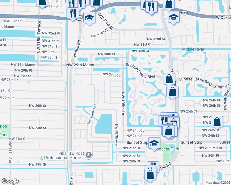 map of restaurants, bars, coffee shops, grocery stores, and more near 10701 Northwest 27th Court in Sunrise