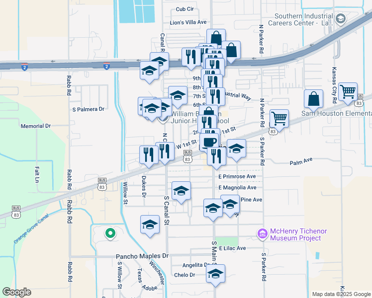 map of restaurants, bars, coffee shops, grocery stores, and more near 12221-12255 East Business Highway 83 in La Feria