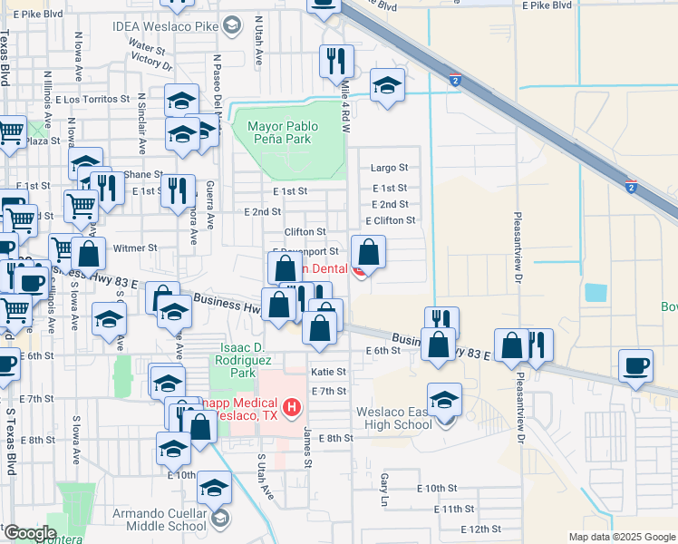 map of restaurants, bars, coffee shops, grocery stores, and more near 405 South Tio Avenue in Weslaco