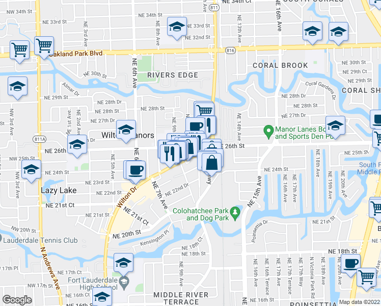 map of restaurants, bars, coffee shops, grocery stores, and more near 2449 Wilton Drive in Wilton Manors