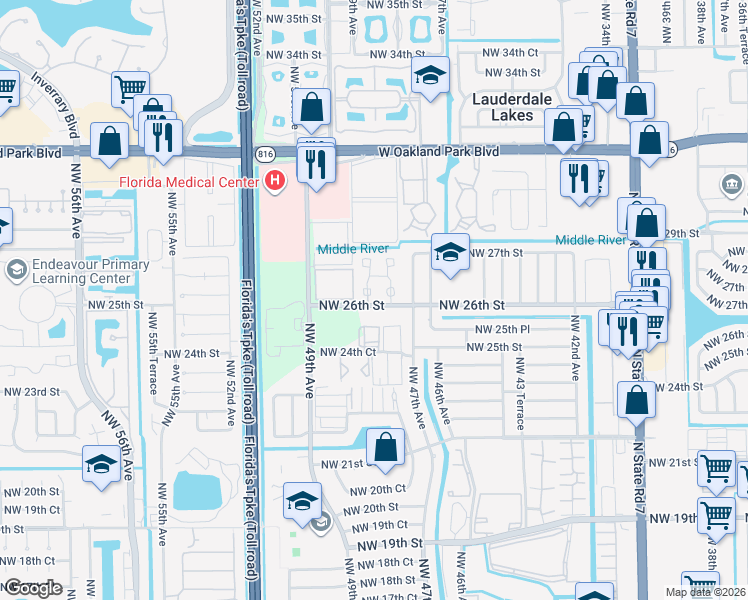map of restaurants, bars, coffee shops, grocery stores, and more near 2602 Northwest 47th Lane in Lauderdale Lakes