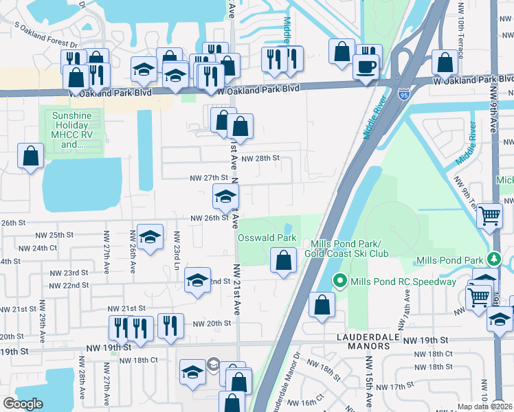 map of restaurants, bars, coffee shops, grocery stores, and more near 2601 Northwest 19th Avenue in Oakland Park