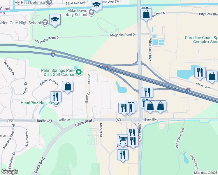 map of restaurants, bars, coffee shops, grocery stores, and more near 8796 Madrid Circle in Naples