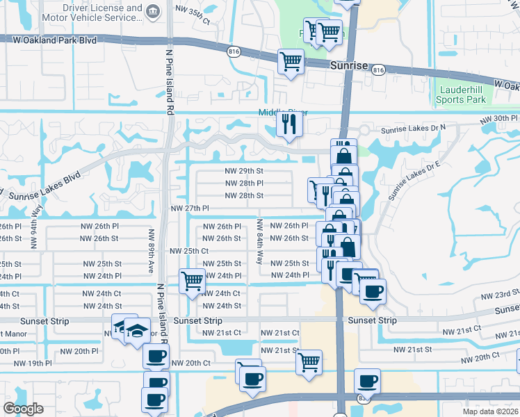 map of restaurants, bars, coffee shops, grocery stores, and more near 8481 Northwest 26th Place in Sunrise