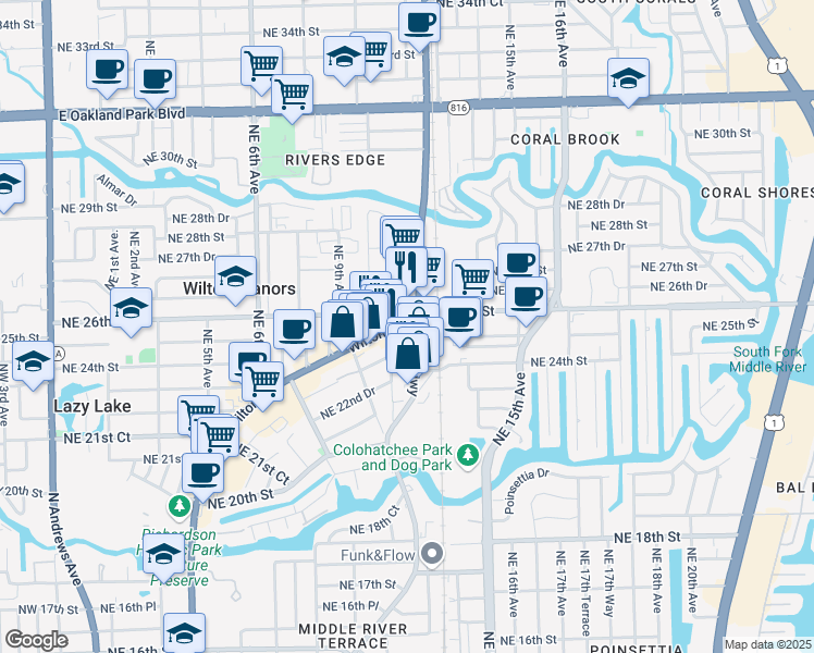 map of restaurants, bars, coffee shops, grocery stores, and more near 2525 North Dixie Highway in Wilton Manors