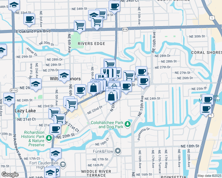 map of restaurants, bars, coffee shops, grocery stores, and more near 2525 North Dixie Highway in Wilton Manors