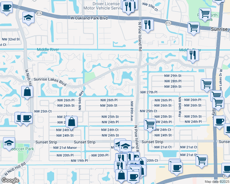 map of restaurants, bars, coffee shops, grocery stores, and more near 9111 Northwest 26th Place in Sunrise