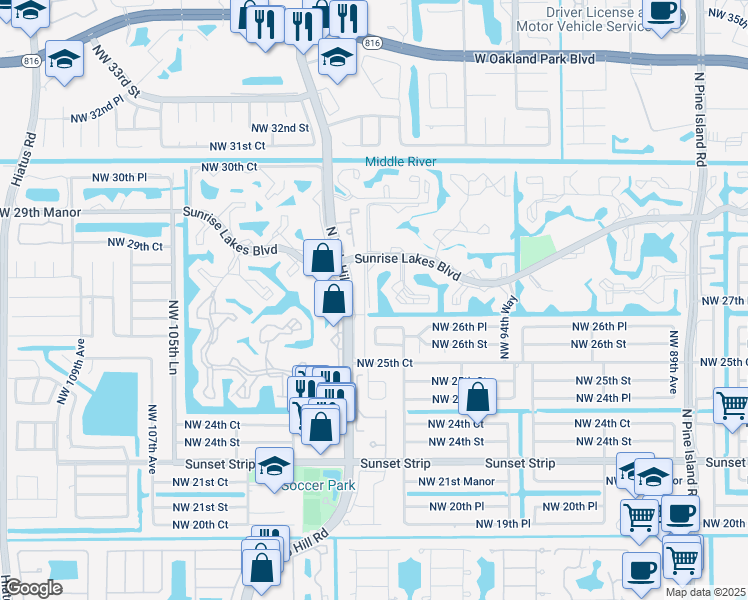 map of restaurants, bars, coffee shops, grocery stores, and more near 9877 Northwest 26th Place in Sunrise