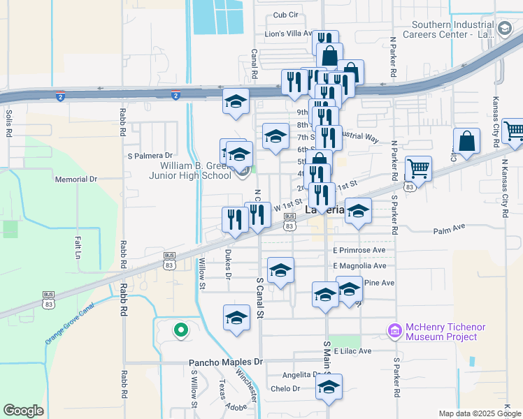 map of restaurants, bars, coffee shops, grocery stores, and more near 304 N Canal St in La Feria