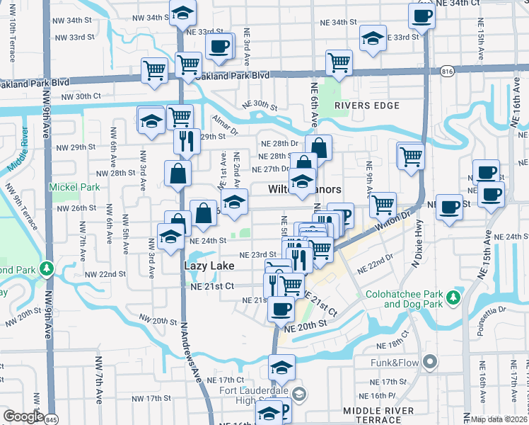 map of restaurants, bars, coffee shops, grocery stores, and more near 305 Northeast 25th Street in Wilton Manors