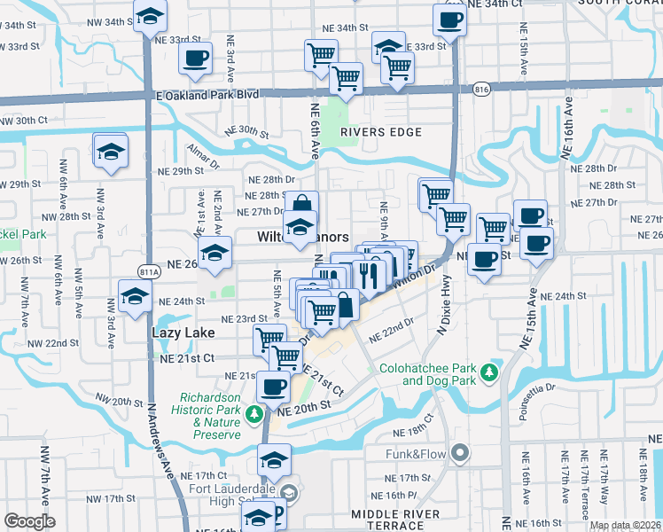 map of restaurants, bars, coffee shops, grocery stores, and more near 2433 Northeast 7th Avenue in Wilton Manors