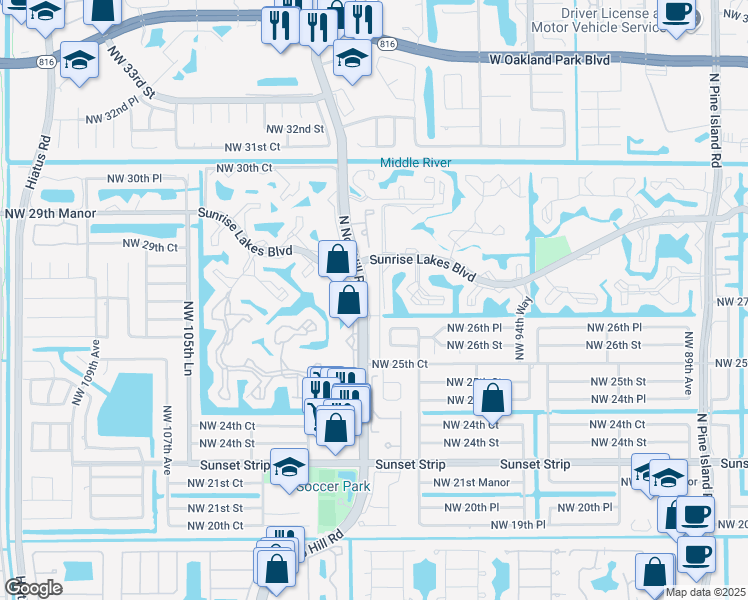 map of restaurants, bars, coffee shops, grocery stores, and more near 201 Nob Hill Access Road in Sunrise