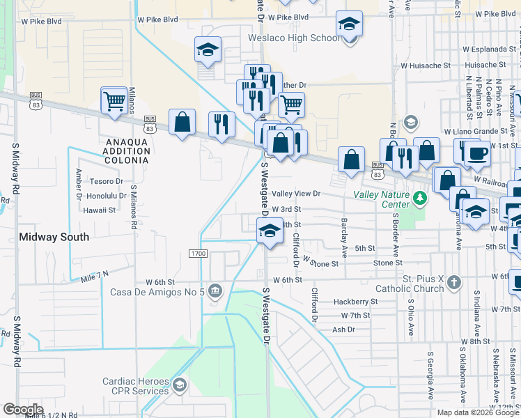 map of restaurants, bars, coffee shops, grocery stores, and more near 306 South Westgate Drive in Weslaco