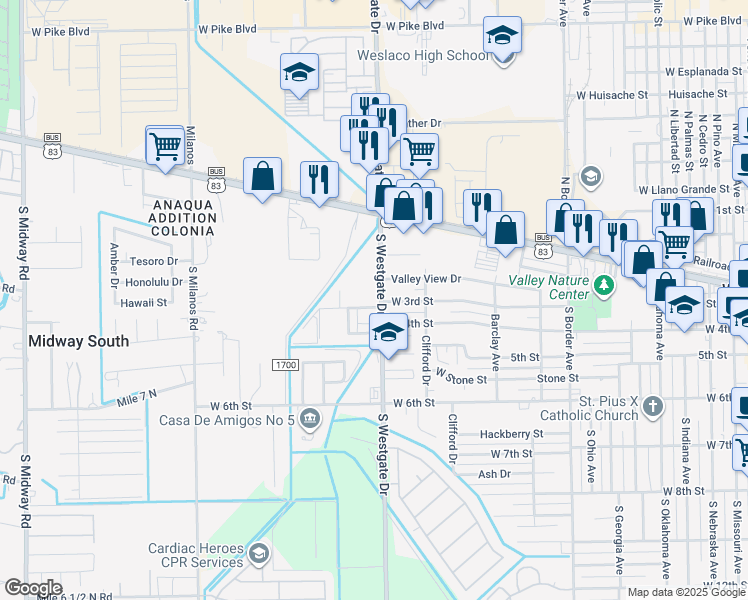 map of restaurants, bars, coffee shops, grocery stores, and more near 306 South Westgate Drive in Weslaco