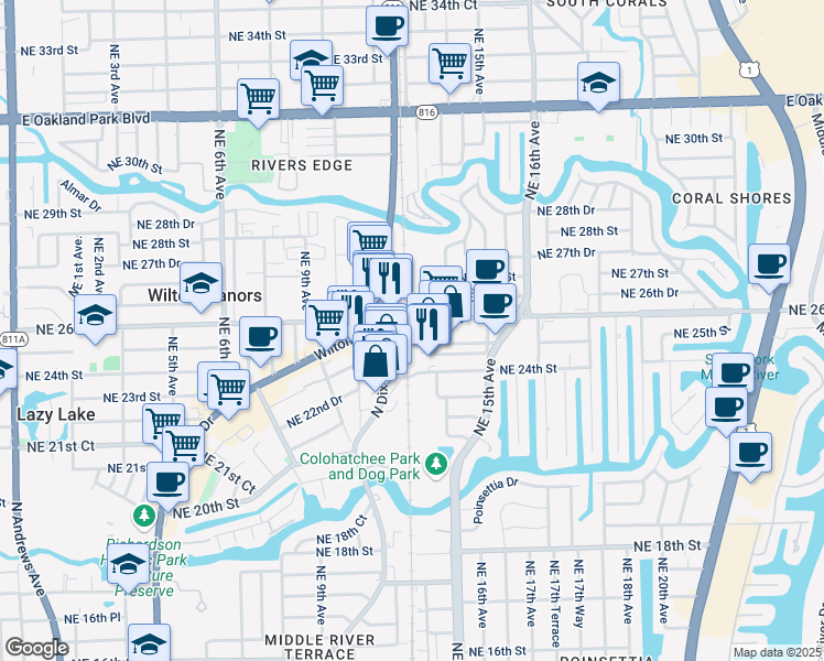 map of restaurants, bars, coffee shops, grocery stores, and more near 1101-1199 NE 24th Ct in Wilton Manors