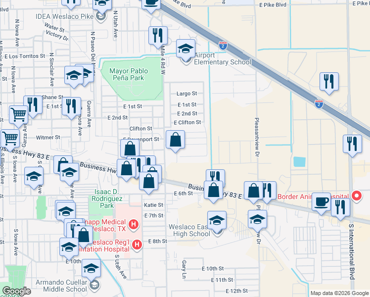 map of restaurants, bars, coffee shops, grocery stores, and more near 415 South Airport Drive in Weslaco