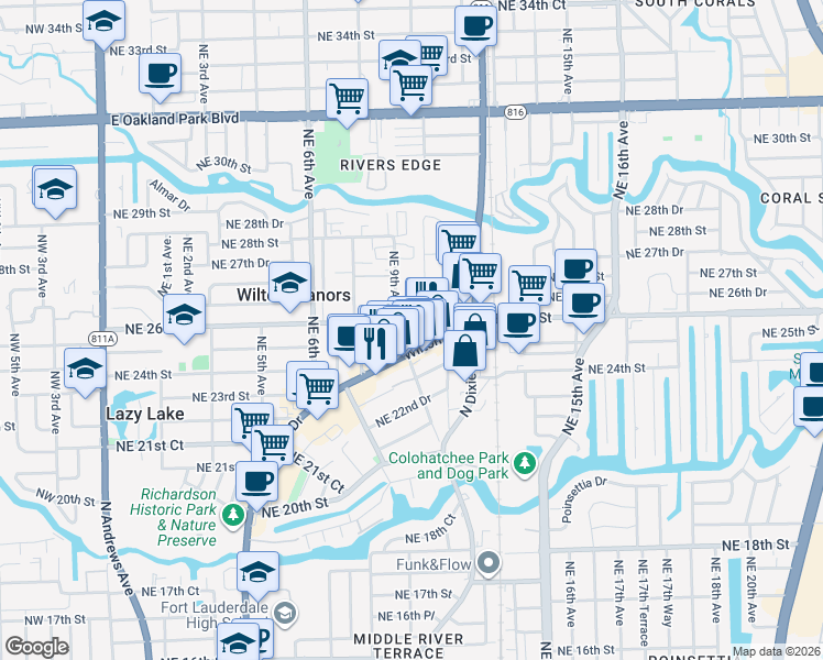 map of restaurants, bars, coffee shops, grocery stores, and more near 2407 Wilton Drive in Fort Lauderdale