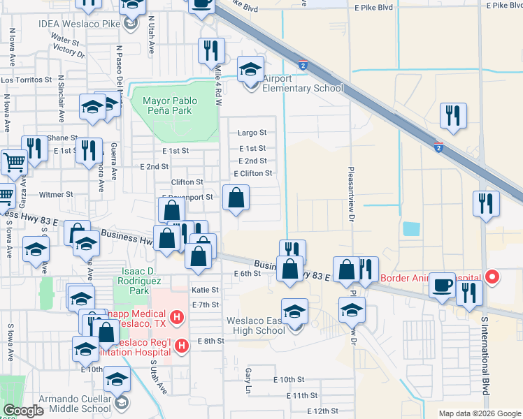 map of restaurants, bars, coffee shops, grocery stores, and more near 415 South Airport Drive in Weslaco