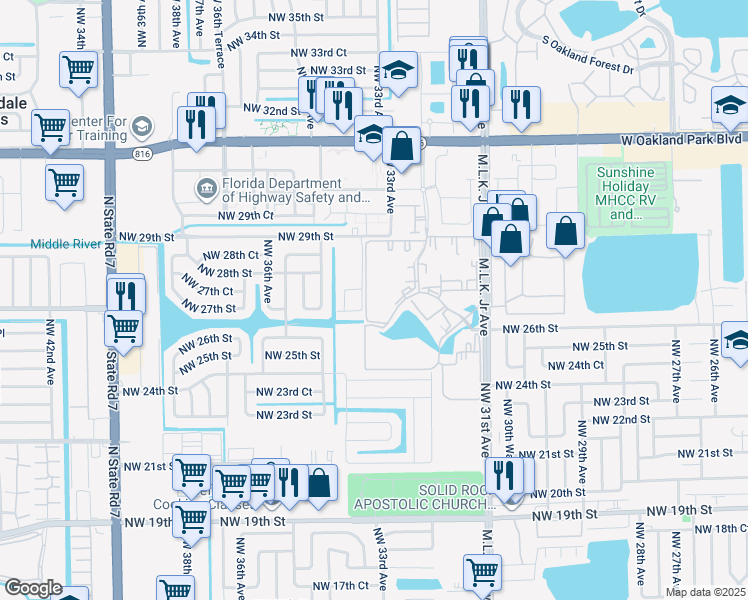 map of restaurants, bars, coffee shops, grocery stores, and more near 2871 Somerset Drive in Lauderdale Lakes