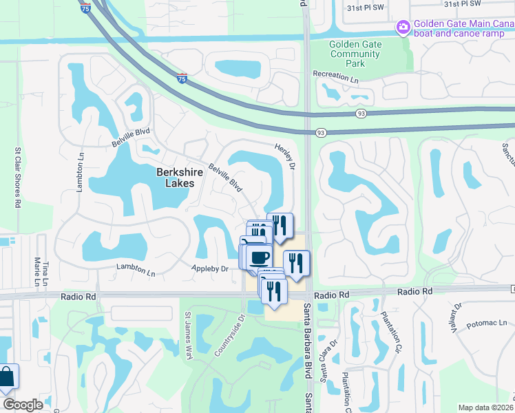 map of restaurants, bars, coffee shops, grocery stores, and more near 210 Belville Boulevard in Naples