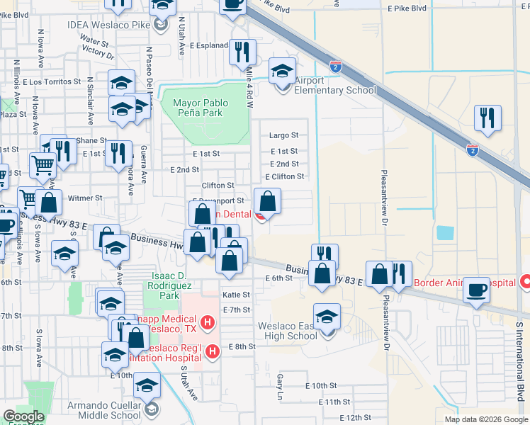 map of restaurants, bars, coffee shops, grocery stores, and more near 415 South Airport Drive in Weslaco