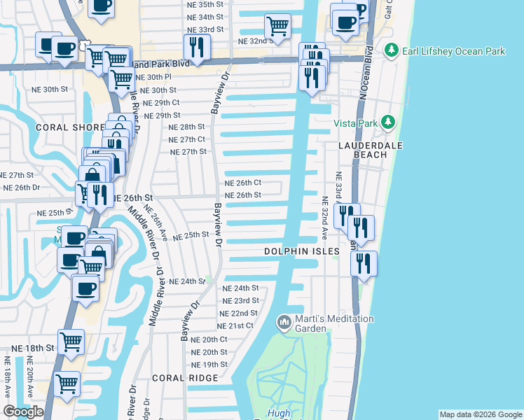 map of restaurants, bars, coffee shops, grocery stores, and more near 2849 Northeast 25th Street in Fort Lauderdale