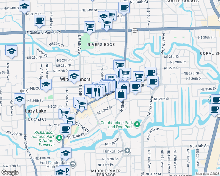 map of restaurants, bars, coffee shops, grocery stores, and more near 2407 Wilton Drive in Fort Lauderdale