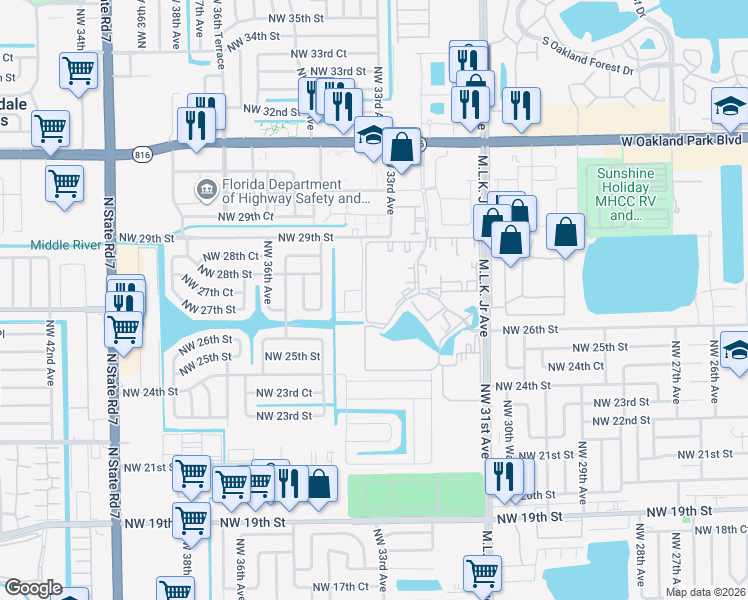 map of restaurants, bars, coffee shops, grocery stores, and more near 2871 Somerset Drive in Lauderdale Lakes