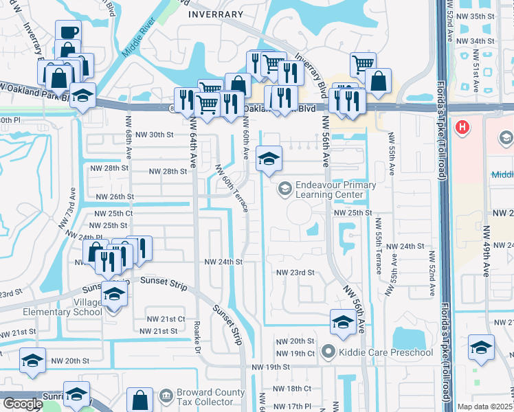map of restaurants, bars, coffee shops, grocery stores, and more near 5979 Northwest 25th Place in Sunrise