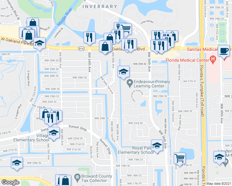 map of restaurants, bars, coffee shops, grocery stores, and more near 5979 Northwest 25th Place in Sunrise