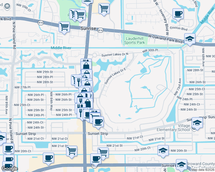 map of restaurants, bars, coffee shops, grocery stores, and more near 2742 Northwest 80th Avenue in Sunrise