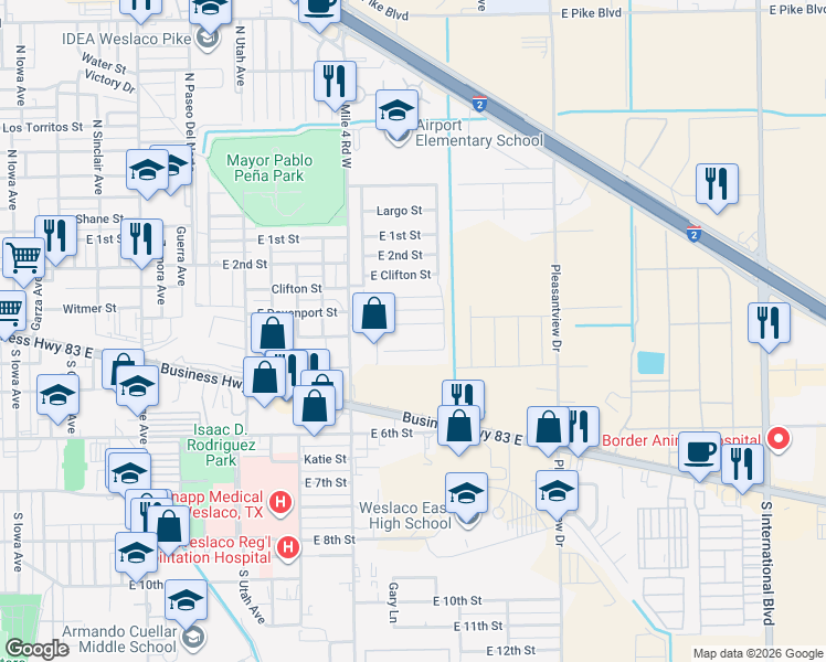 map of restaurants, bars, coffee shops, grocery stores, and more near 415 South Airport Drive in Weslaco