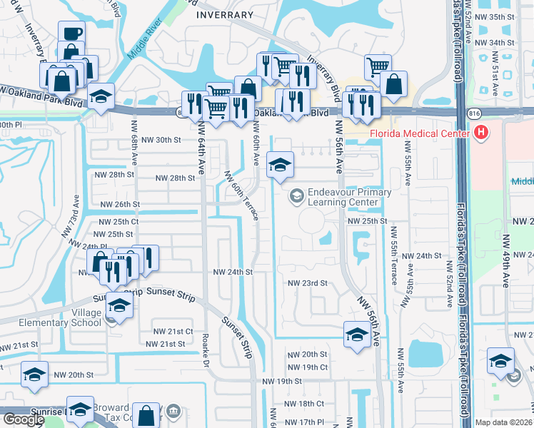 map of restaurants, bars, coffee shops, grocery stores, and more near 5979 Northwest 25th Place in Sunrise