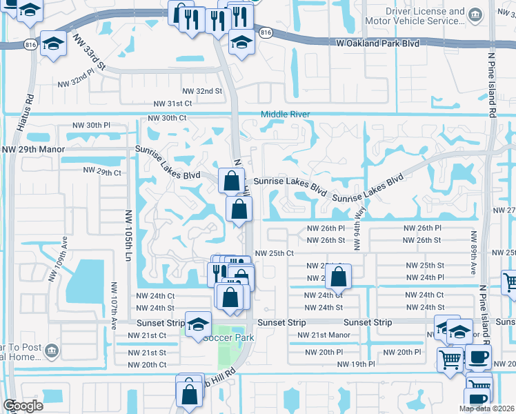 map of restaurants, bars, coffee shops, grocery stores, and more near 9877 Northwest 26th Place in Sunrise