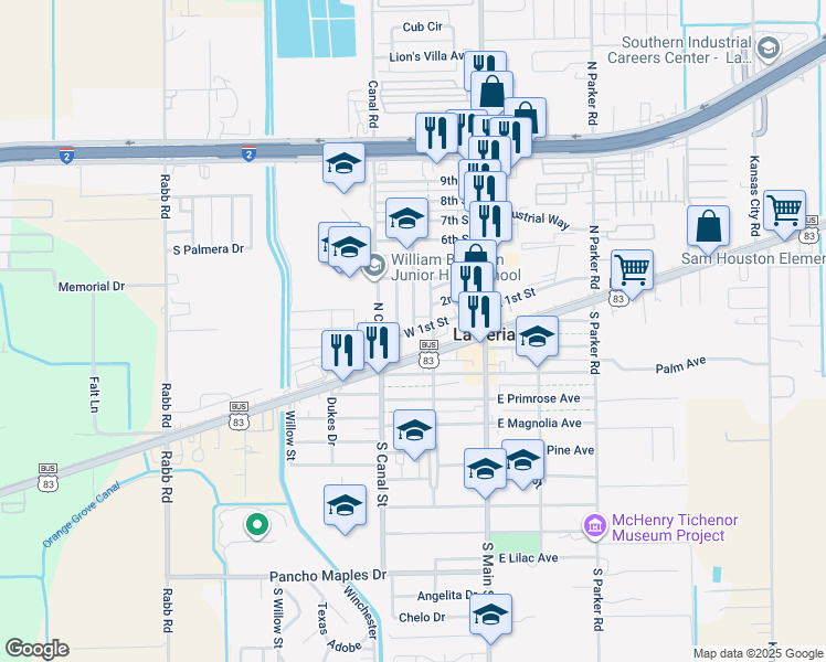 map of restaurants, bars, coffee shops, grocery stores, and more near 505 Villarreal Street in La Feria