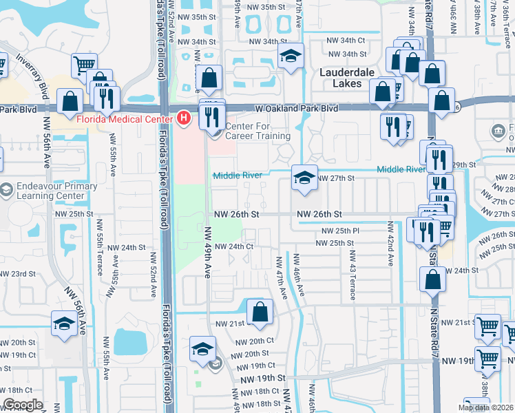 map of restaurants, bars, coffee shops, grocery stores, and more near 2602 Northwest 47th Lane in Lauderdale Lakes