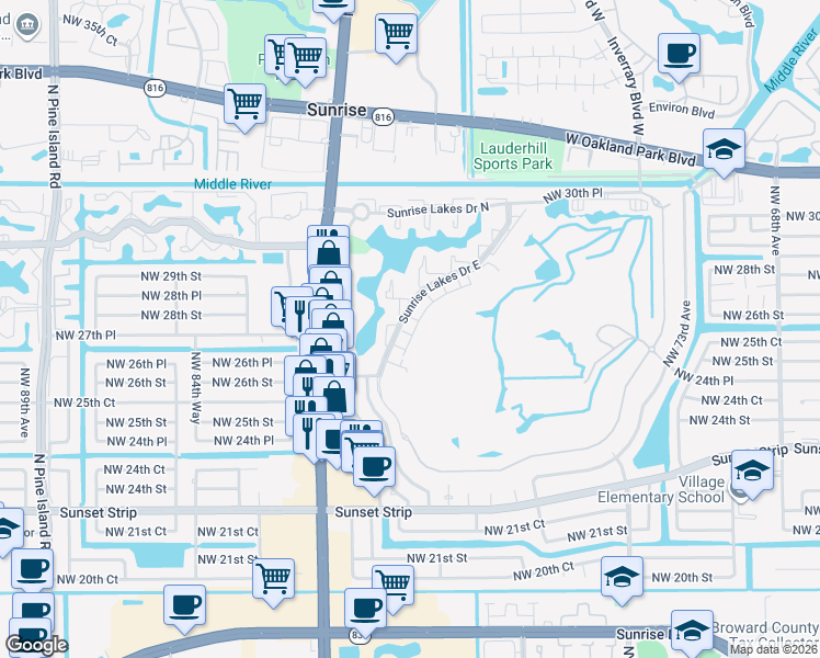 map of restaurants, bars, coffee shops, grocery stores, and more near 2742 Northwest 80th Avenue in Sunrise