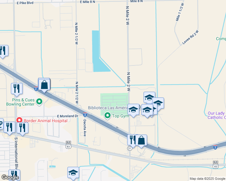 map of restaurants, bars, coffee shops, grocery stores, and more near 9227 North Mile 2 West in Mercedes