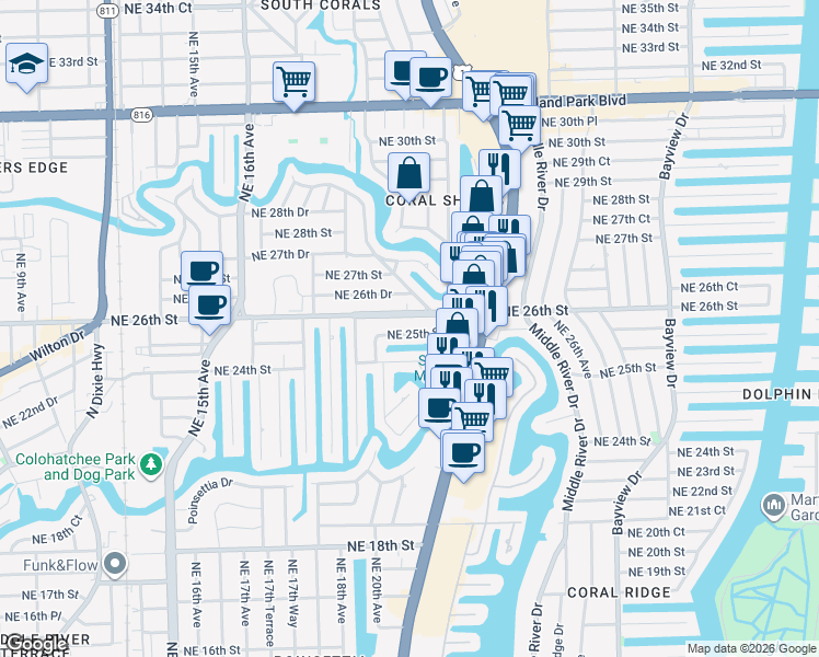 map of restaurants, bars, coffee shops, grocery stores, and more near 2113 Northeast 26th Street in Wilton Manors