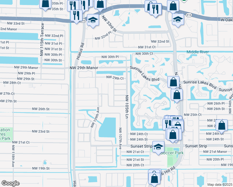 map of restaurants, bars, coffee shops, grocery stores, and more near 10701 Northwest 28th Place in Sunrise