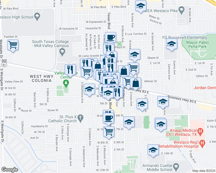 map of restaurants, bars, coffee shops, grocery stores, and more near 260 South Texas Boulevard in Weslaco